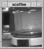 Une fenêtre d’ordinateur intitulée xcoffee, où apparaît en noir et blanc, à gros grain, la verseuse en verre d’une cafetière posée sur son socle